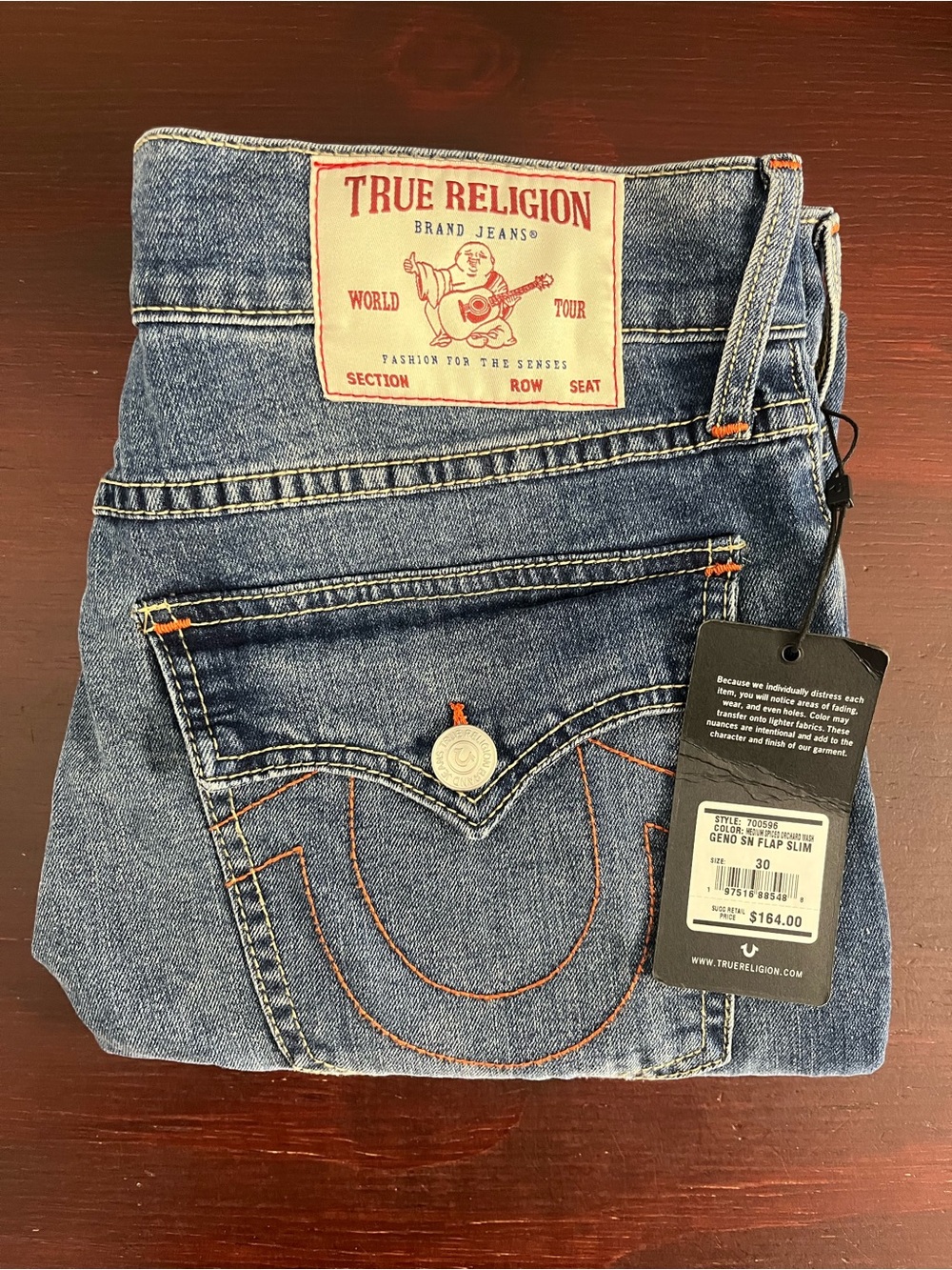True Religion Geno SN Flap Slim Jeans Mens Sz 30x32 Relaxed Orange Stitch $164